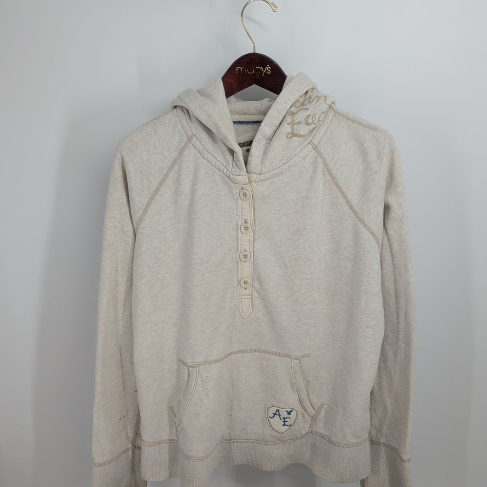 American Eagle Outfitter Fleece Henley Pullover Hoodie Sweatshirt Cream Size XL